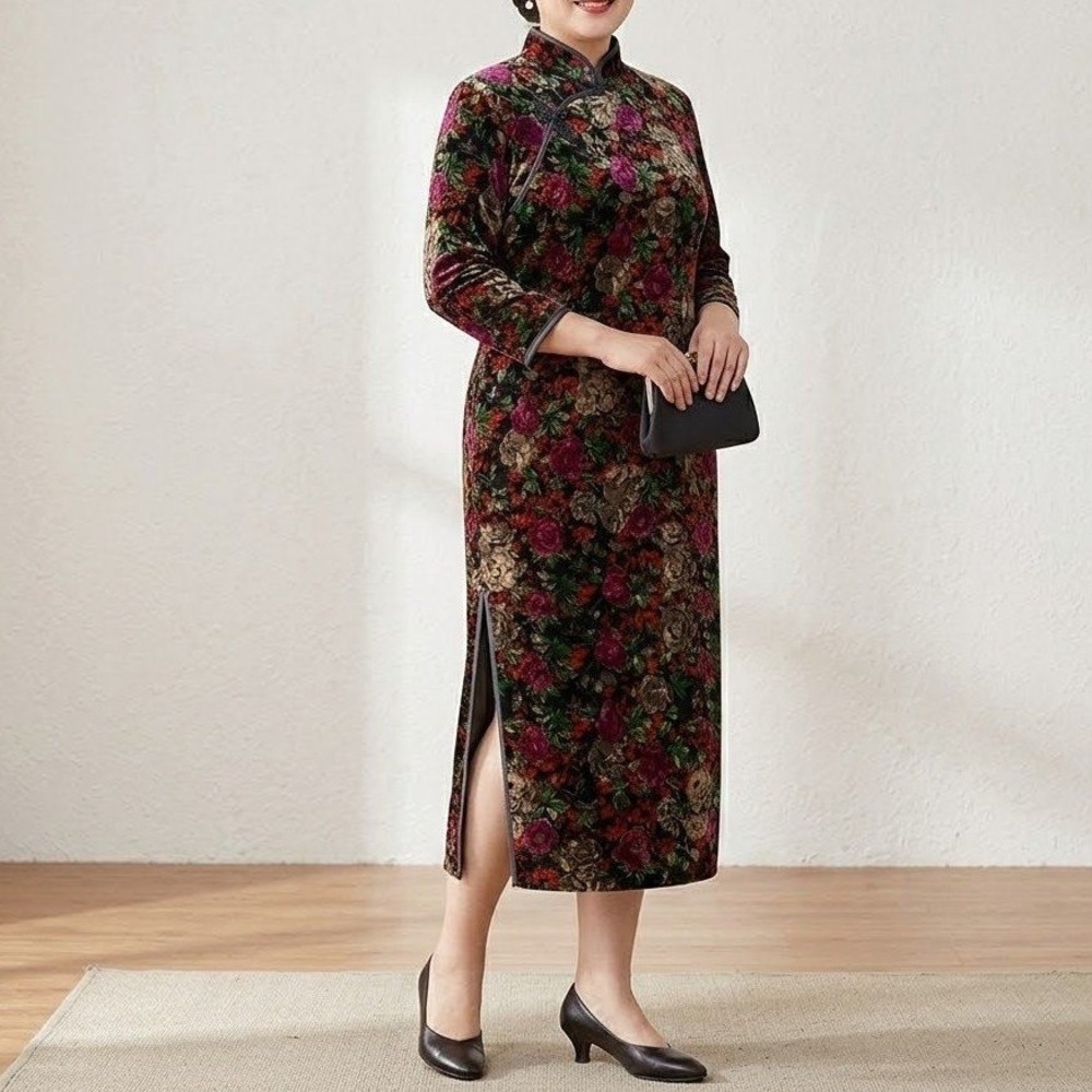 Floral Velvet Cheongsam Dress Womens Large Frog‎ Closure Asian Romantic Formal
